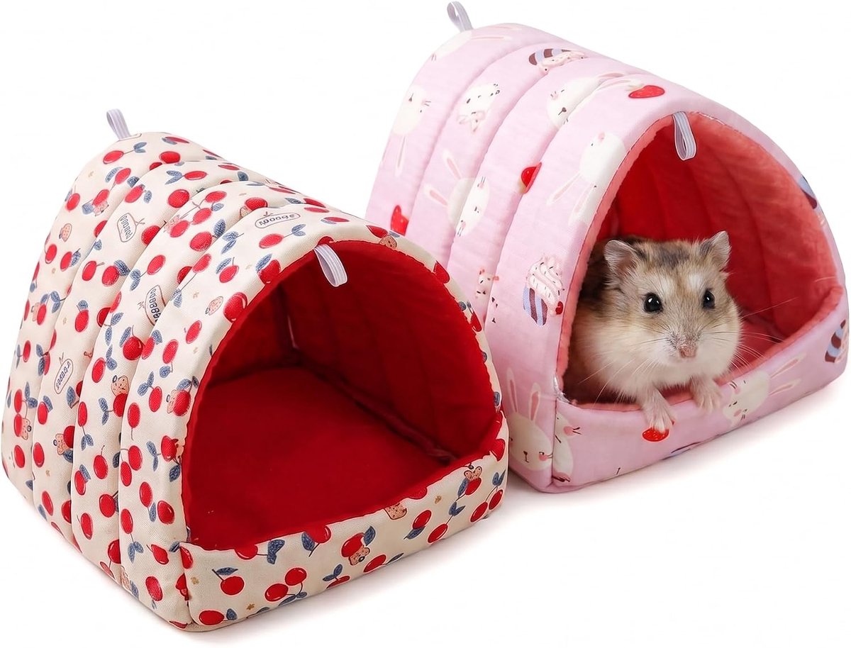 Set van 2 cavia's bed, knuffelhol, van pluche, voor hamsters, dwerghamsters, gerbbels, 19 x 19 x 16 cm, knuffelig gezellig bed voor kleine dieren met ingang