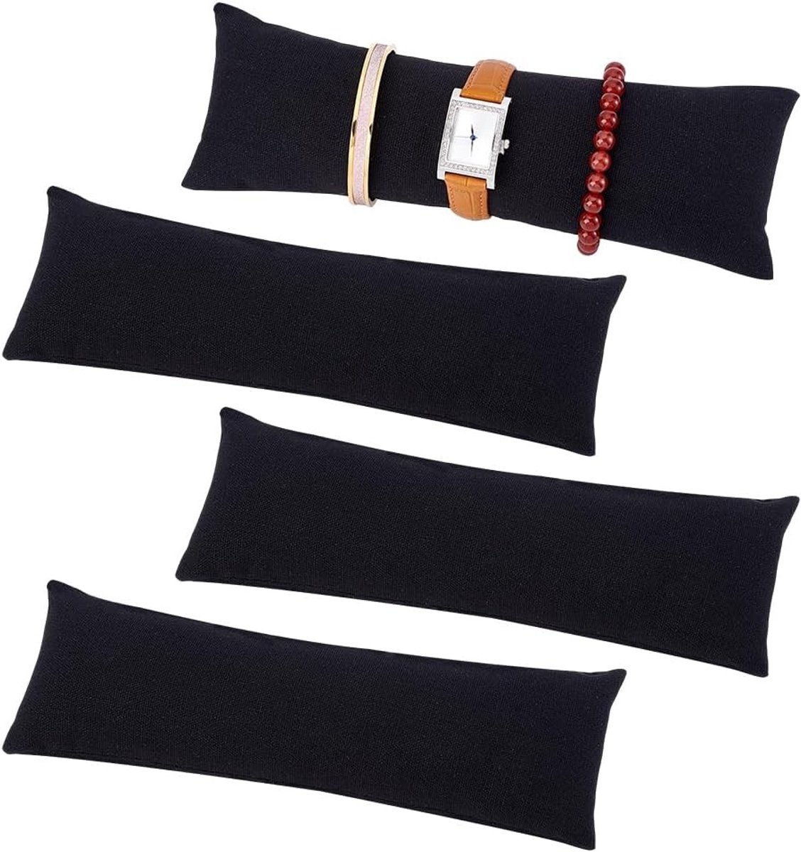 4 Stuks Lange Horlogekussens van Linnen, 9.5 x 3.5 Inch, Voor Sieraden, Horloge- en Armbanddisplay, Zwart