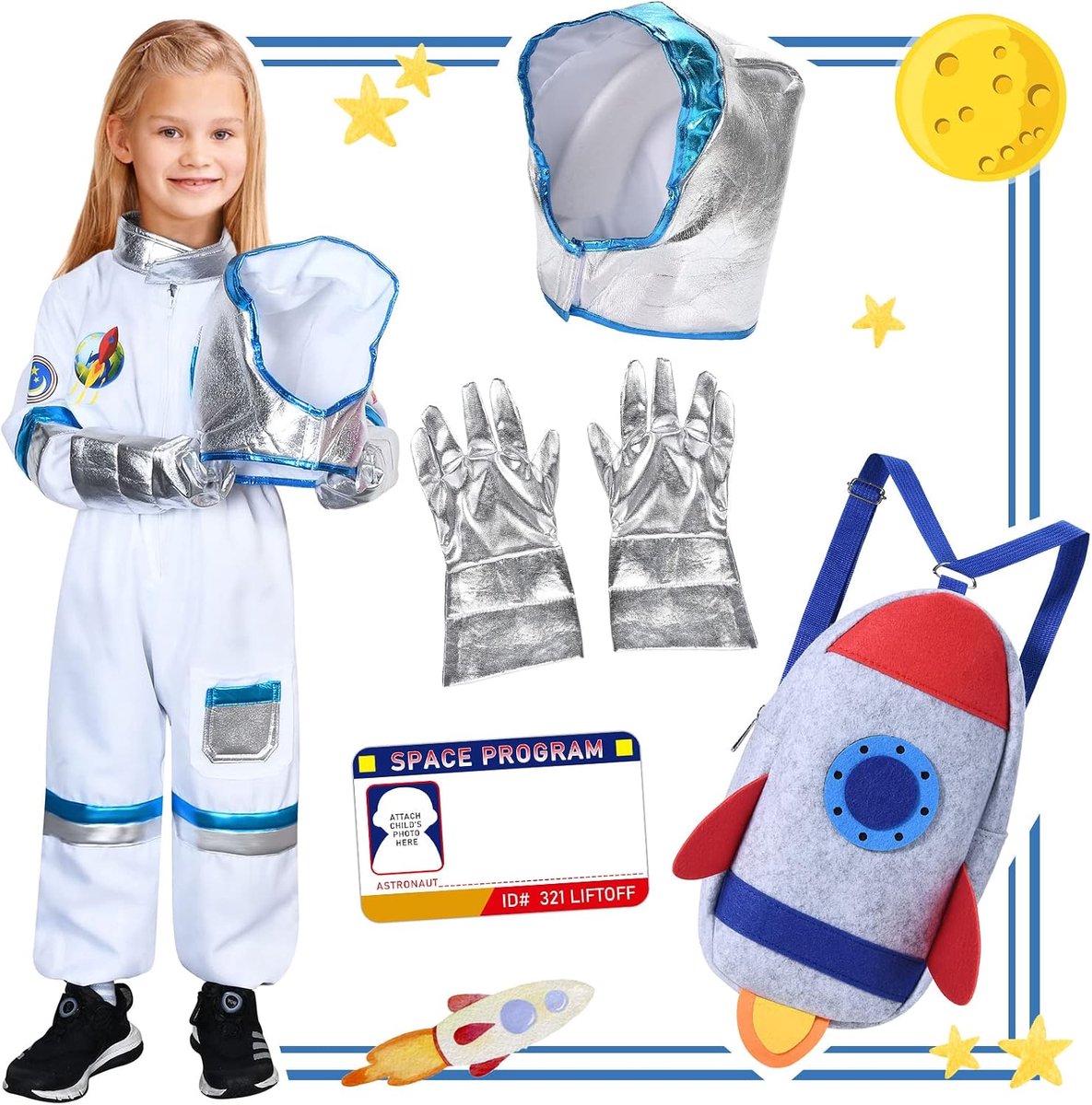 Vamei Astronautenkostuum kinderen ruimtevaarder kostuum voor kinderen astronaut cosplay met raket rugzak jumpsuit helm handschoenen naamplaatje voor feest cosplay verjaardag Halloween kostuum meisjes