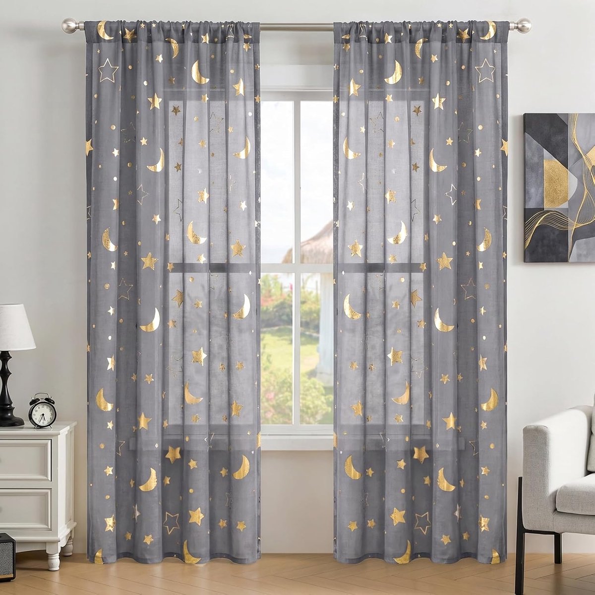 Vitrage met gouden sterren/maan, tunnelzoom, 132 x 213 cm, 2 stuks