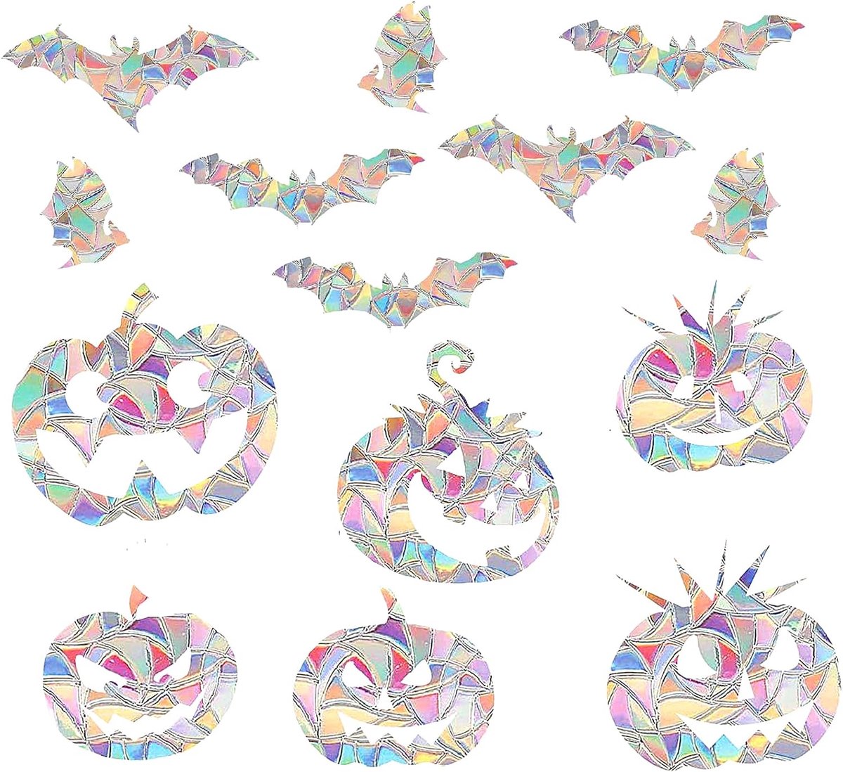 4 afbeeldingen stickers, vogelbescherming voor ramen, Suncatcher stickers, zelfklevend, regenboog-raamsticker, folie tegen vogelslag, interieurdecoratie (vleermuis + pompoen)
