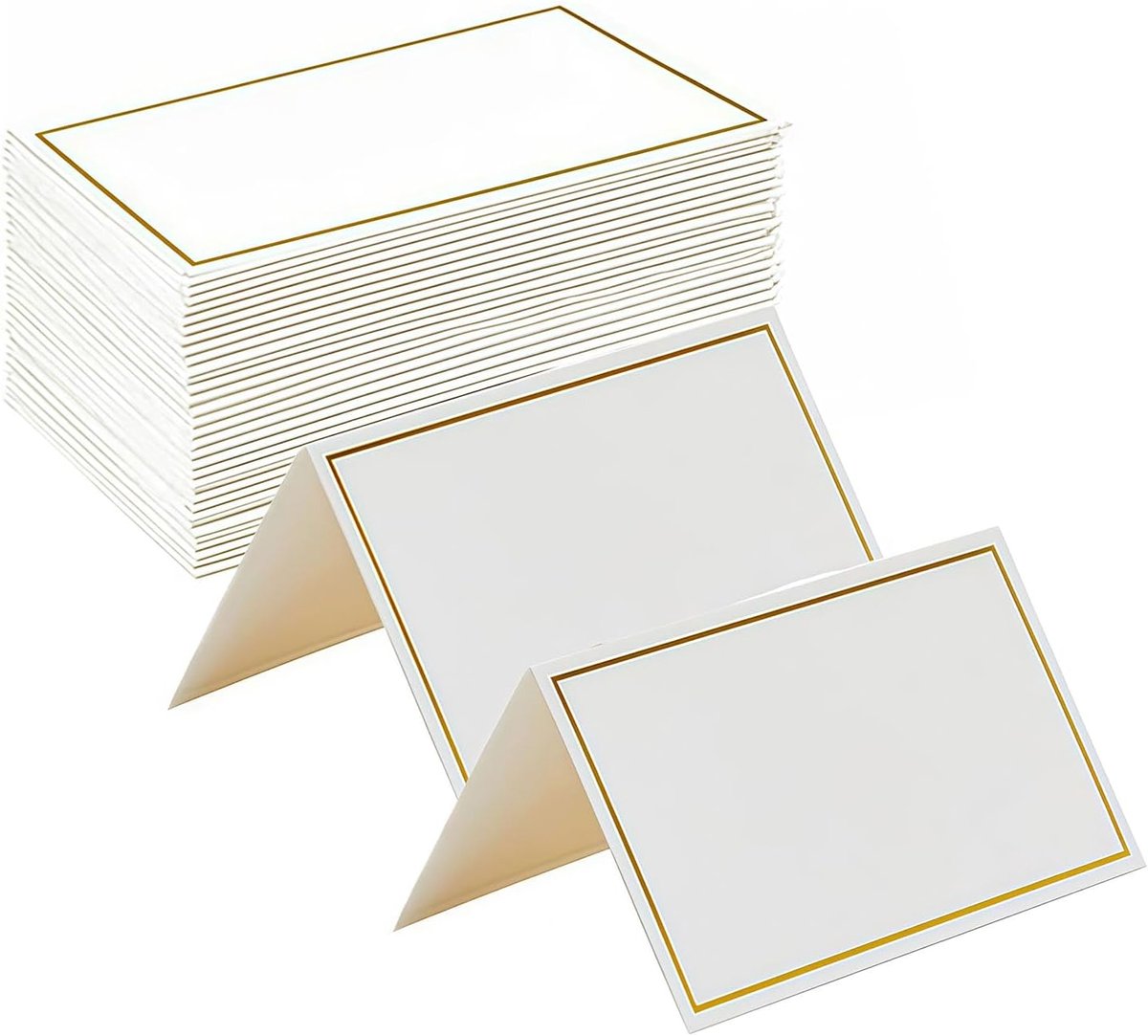 50 stuks tafelplaatskaarten, witte blanco tafelplaatskaarten met goudkleurige folie, rand, tafelzitplaatsen, naamkaarten voor bruiloftsdecoratie, opvouwbaar papier, doe-het-zelf dinerfeest, receptie