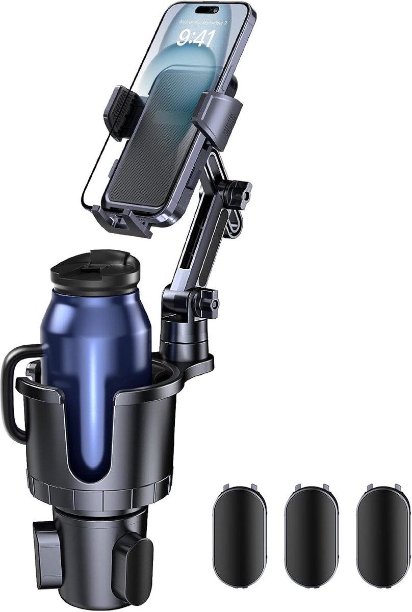 2-in-1 bekerhouder, mobiele telefoonhouder, cradle met verstelbare basis voor lange hals voor auto, 360° rotatie, telefoonhouder, compatibel met iPhone smartphones van 4-7 inch