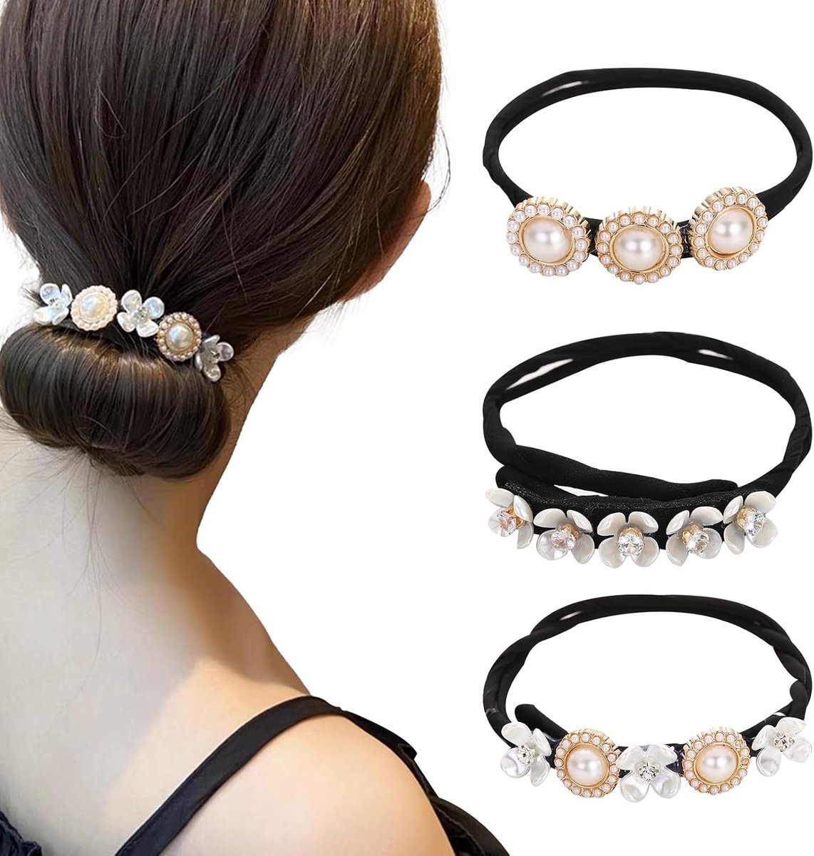3 stuks haarknotjesmaker, herbruikbaar, broodjesmakers voor snel haar, haarschuim Twister flexibel, rommelige broodjesmaker, bloemen en parels, haaraccessoires voor vrouwen, broodjesmaker voor