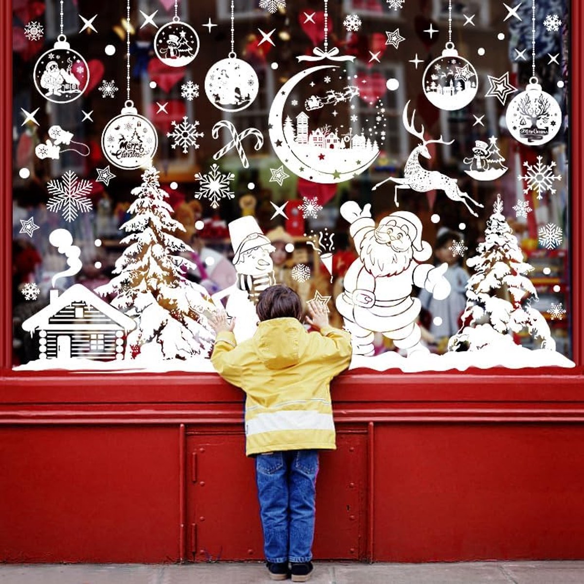 Heekpek Kerstvenster Stickers Grote Kerstvenster Stickers Kerstscène Witte Sneeuwvlok Rendier Stickers Verwijderbare Vensterklampen voor Kerstdecoraties