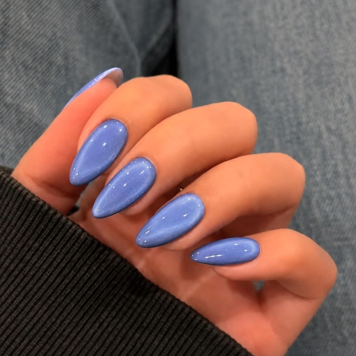 24 stuks kunstnagels, glanzend, eenkleurig, press on nails, Franse blauwe kattenoog, amandel, acryl, kunstnagels voor meisjes en dames, manicure om zelf te maken