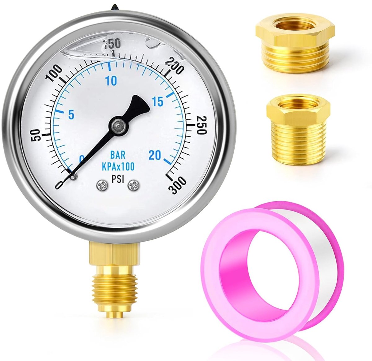 0-21 bar/0-300 PSI roestvrij staal 1/4" BSP 2,5" FACE DIAL vloeistofgevulde manometer, onderaan gemonteerd met 3/8" x 1/4" en 1/2" x 1/4" messing zeskantbus WOG water olie lucht