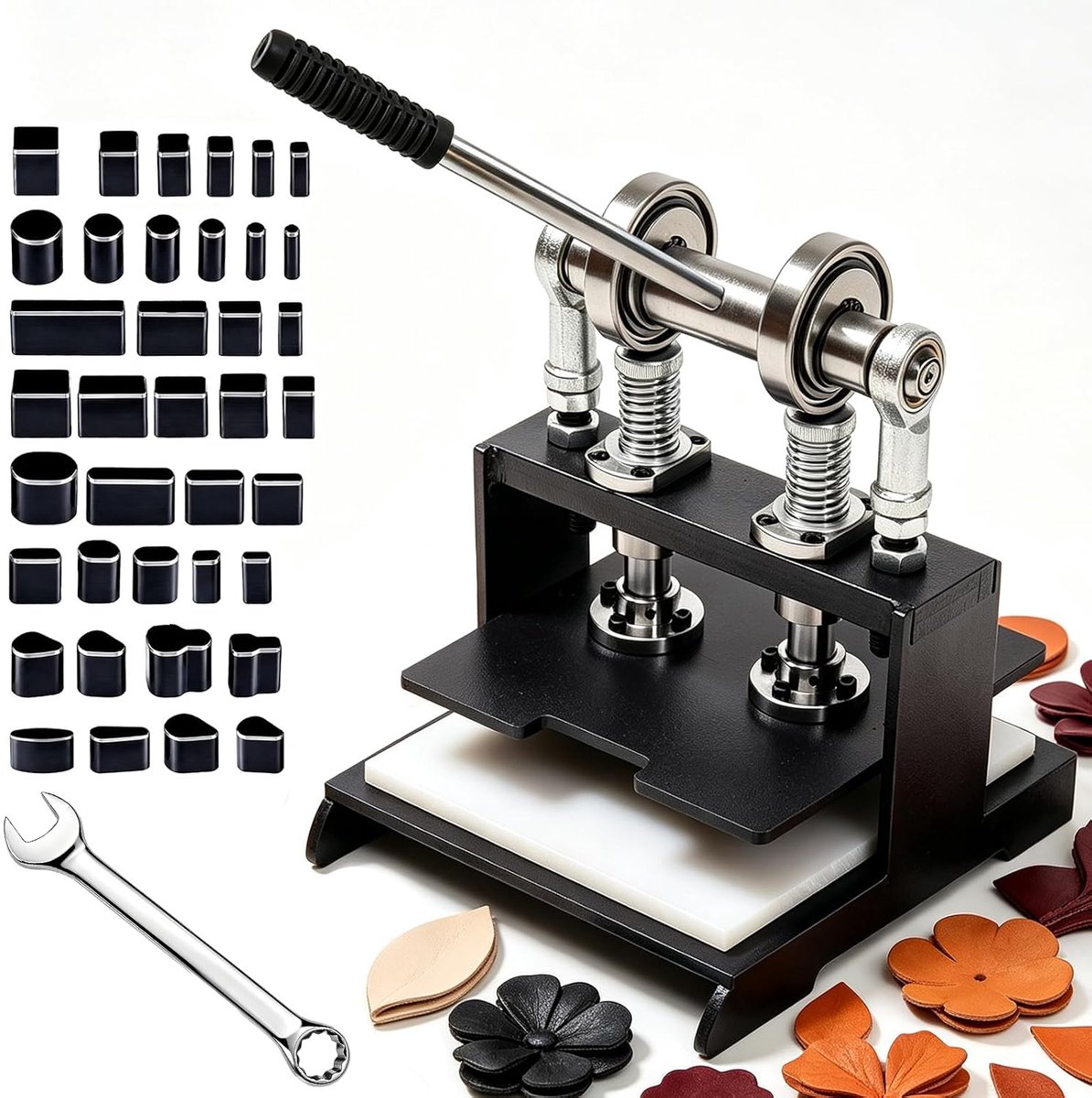 39-delige lederen stansmachine, 20 x 20 cm, handmatige lederen reliëfmachine met gatenstansvormen, 1,5T belastbare dubbele geleidingsassen, stansapparaat voor lederwerk, doe-het-zelf en handwerk