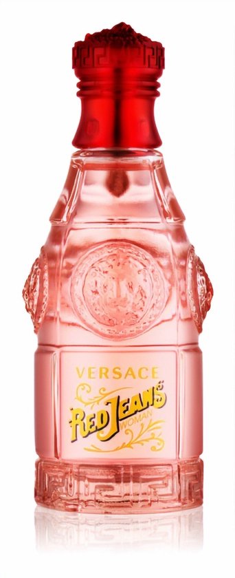 Versace Red Jeans eau de toilette fles met roze vloeistof en rode dop.