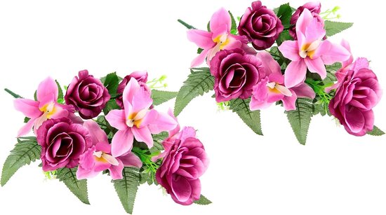Boeket met kunstrozen, lelies, oplegger, bloemstuk, rozen, kunstbloem, boeket, grafdecoratie, grafdecoratie, begraafplaats, grafbloem, orchideeën/rozen