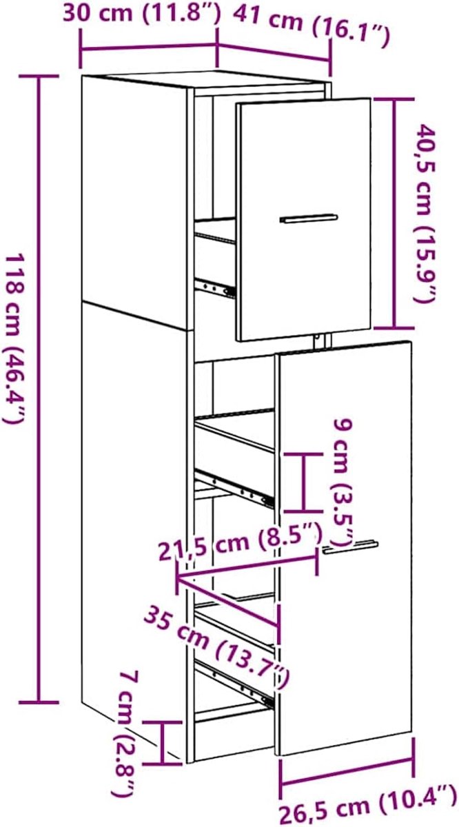 Houtmateriaal 30 x 41 x 118 cm in zwart eiken met 2 laden ideaal voor orde binnenshuis