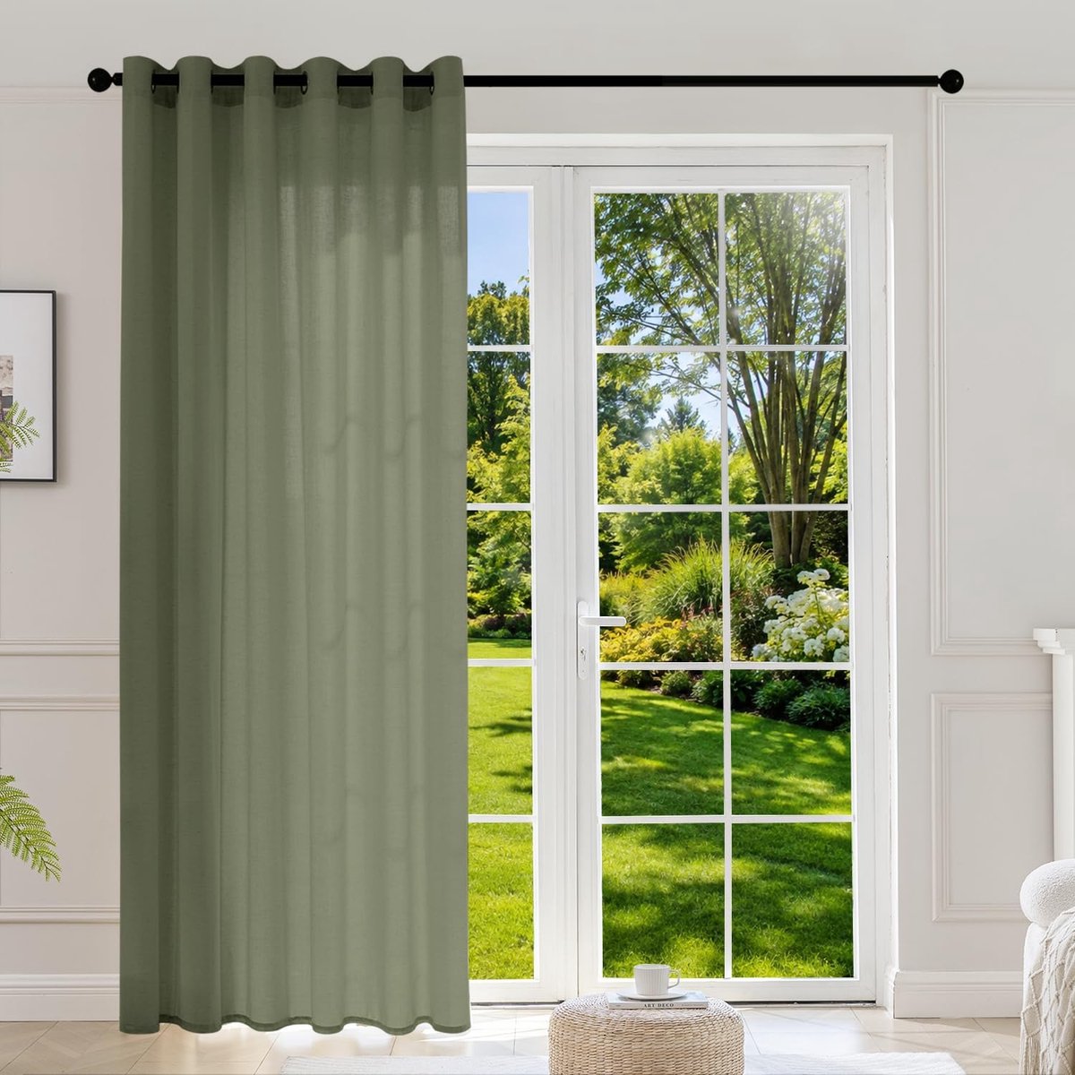 Gordijnen met 35% echt linnen, met oogjes, halftransparant, olijf, 1-delige set, 245 x 200 cm (h x b), lichtfilterende gordijnen, linnenlook, moderne stijl voor woonkamer, slaapkamer, keuken
