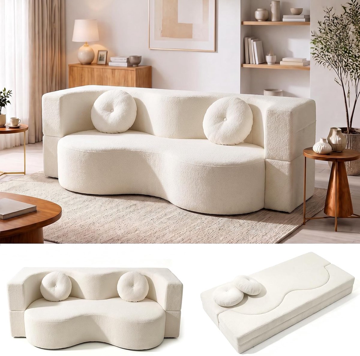 Bank, converteerbare slaapbank voor de woonkamer, gecomprimeerde tweezitsbank met schuim met hoge dichtheid, afneembare stoffen overtrek, geen montage, 2 kussens (wit, 150 x 100 cm)