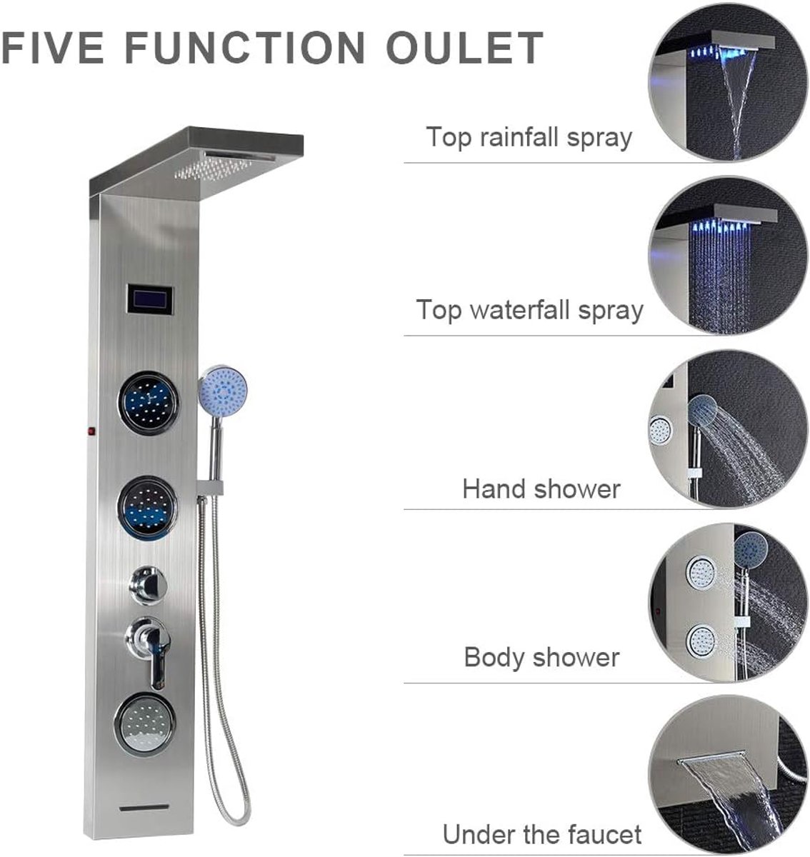 Torensysteem, LED-douchekraanset met massagestraal, watervalkraan, regendouchesysteem, douchezuil, warm-koud mengkraan-20 * 6.5 * 123.5cm (roestvrij staal)