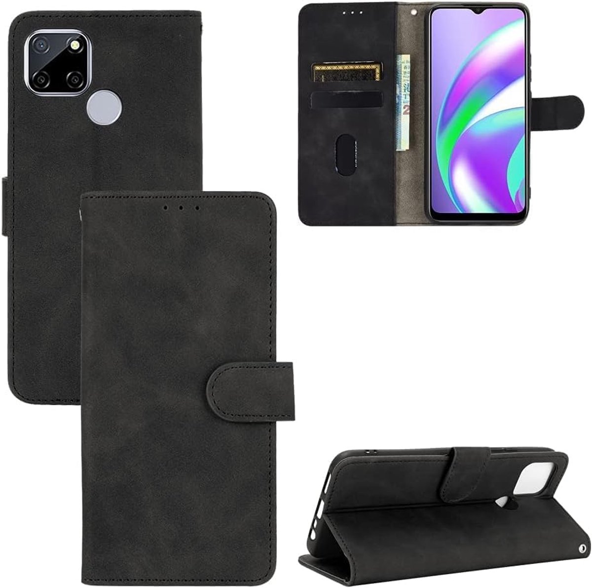 Compatibel voor OPPO A15 display 6.52 afdekking bescherming beschermend cover stand kantelen boek gel siliconen TPU zacht rubber -leer portefeuille (zwart)