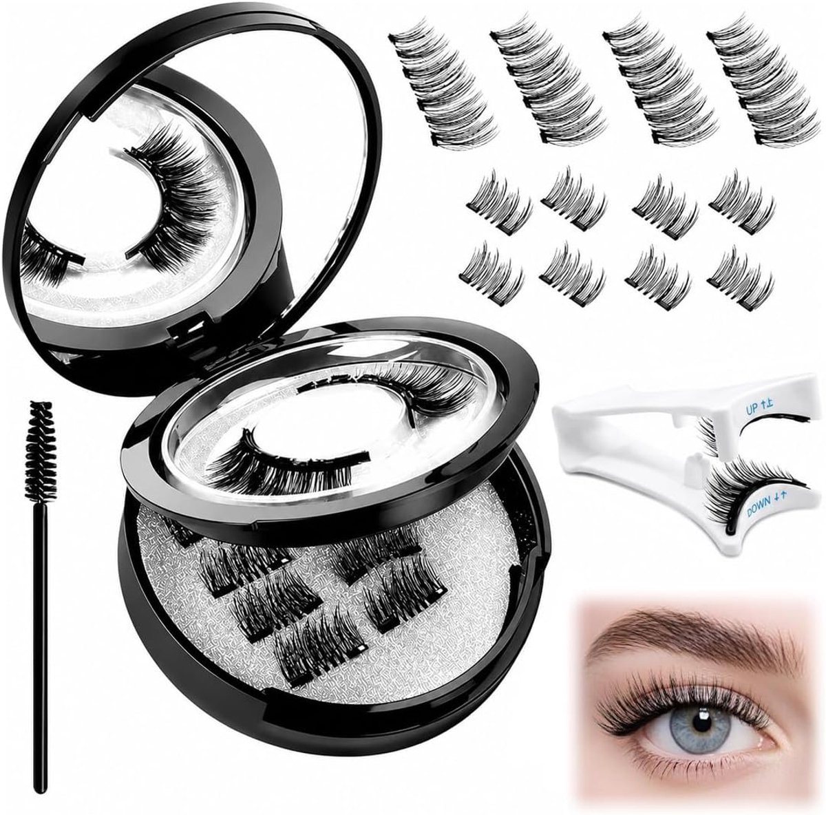 Magnetische Wimpers – 2 Paar Volle Wimpers + 1 Paar 3/4 Halve Wimpers, compleet oogmake-up set, zonder lijm, herbruikbaar met applicator, natuurlijk effect – dubbele zwarte opbergdoos
