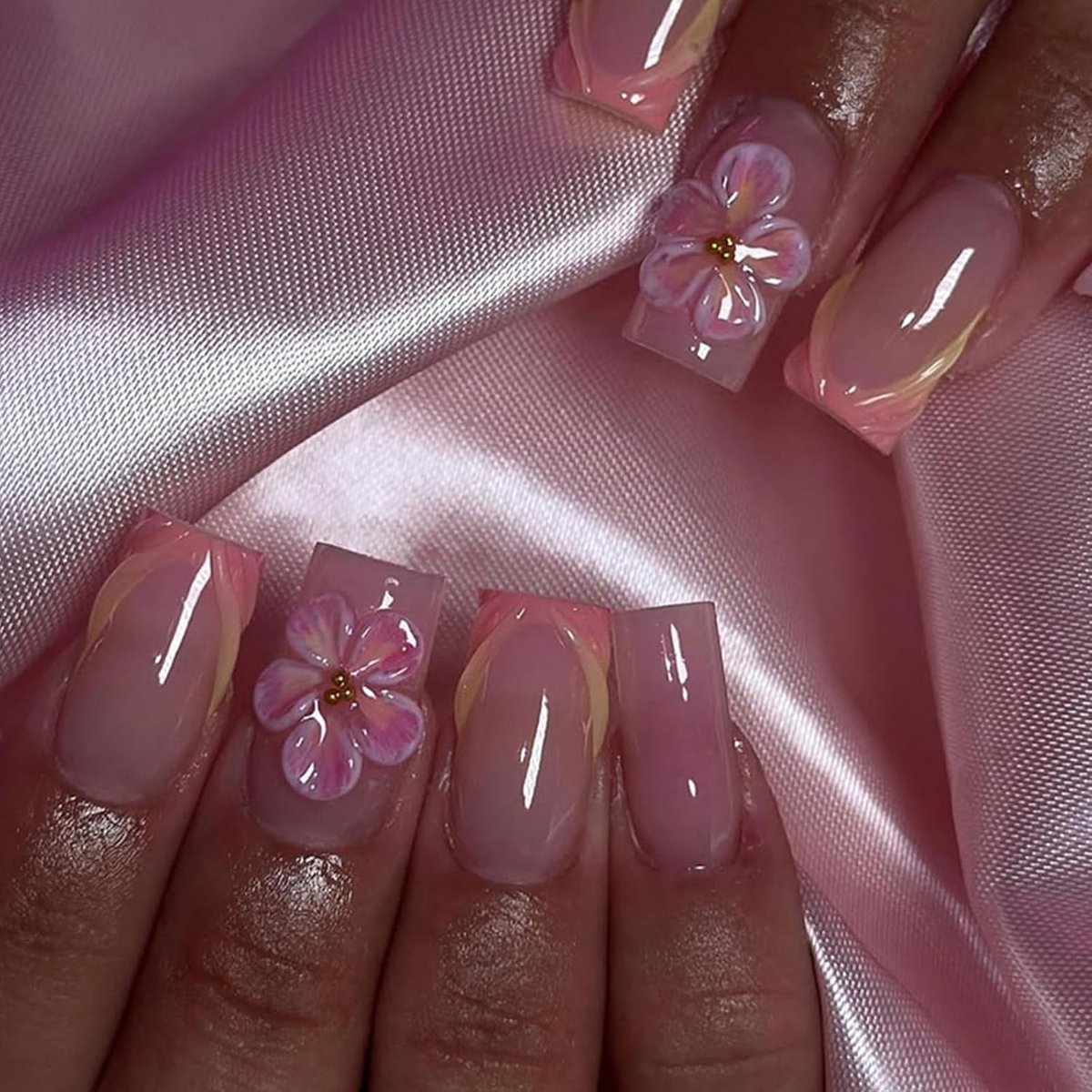 Kunstnagels om op te plakken, middelhoekig, Franse roze press-on nagels, 3D-bloemen, valse nagels met design, lente, ballerina, om op te plakken, volledige cover, voor vrouwen en meisjes, 24