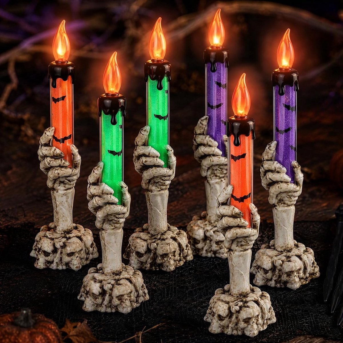 6 stuks Halloween skelet handkandelaar, geest hand kandelaar met aardingsstekker, op batterijen werkende led-spookhanden, vlamloze led-kaarsen voor tuin, Halloween, party, tafellamp