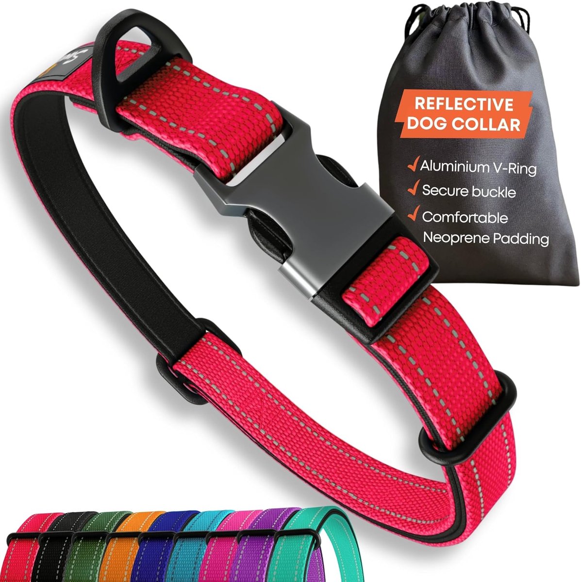 Hondenhalsband voor grote honden – Zwart Grijs Reflecterend Verstelbaar Gevoerd Hondenhalsband - Aluminium V-ring Veiligheidshalsband voor honden