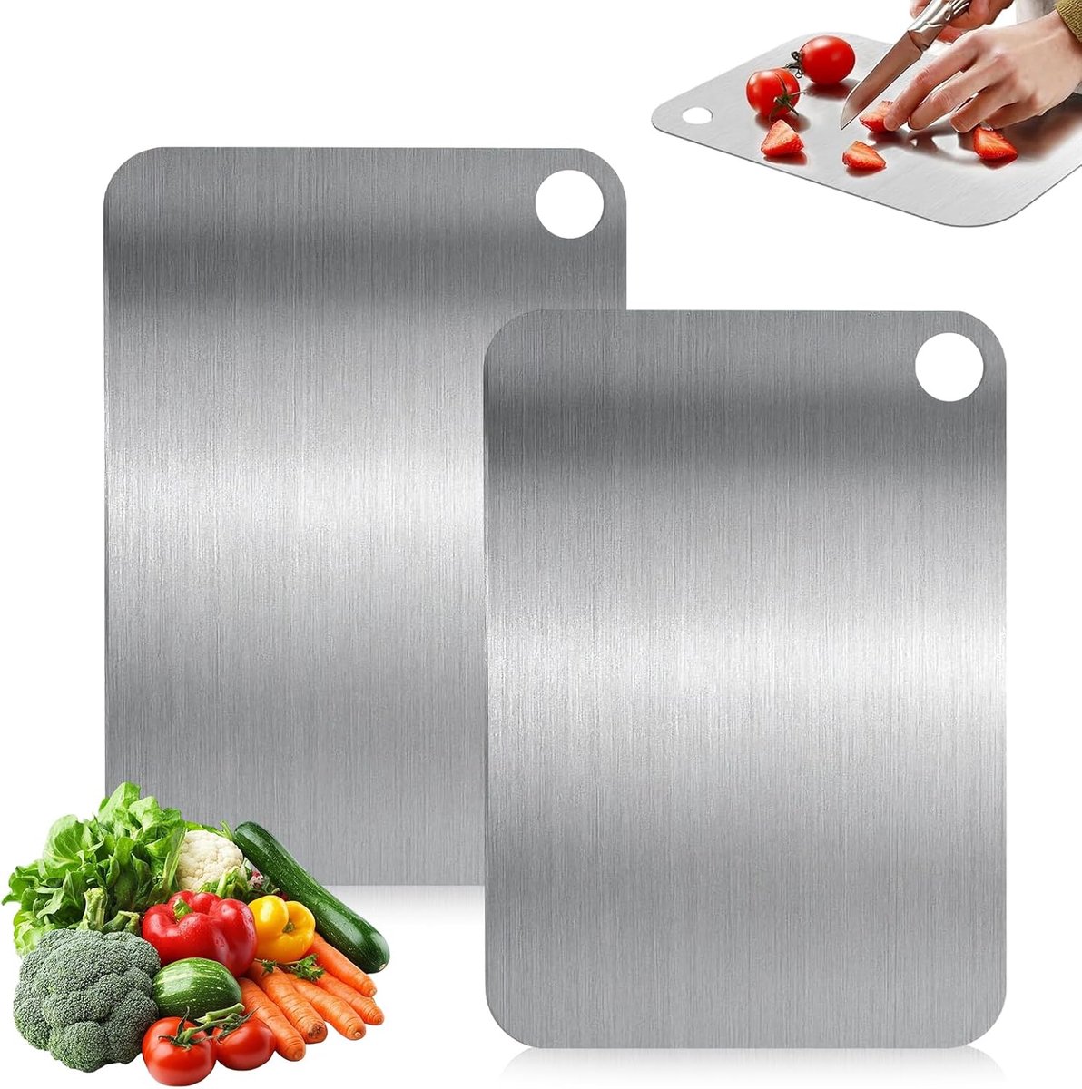snijplank, 2 stuks snijplank, klein, 25 x 15 cm, roestvrij staal, snijplank, titanium, dubbelzijdige snijplanken, metalen plank voor groenten, fruit, vlees