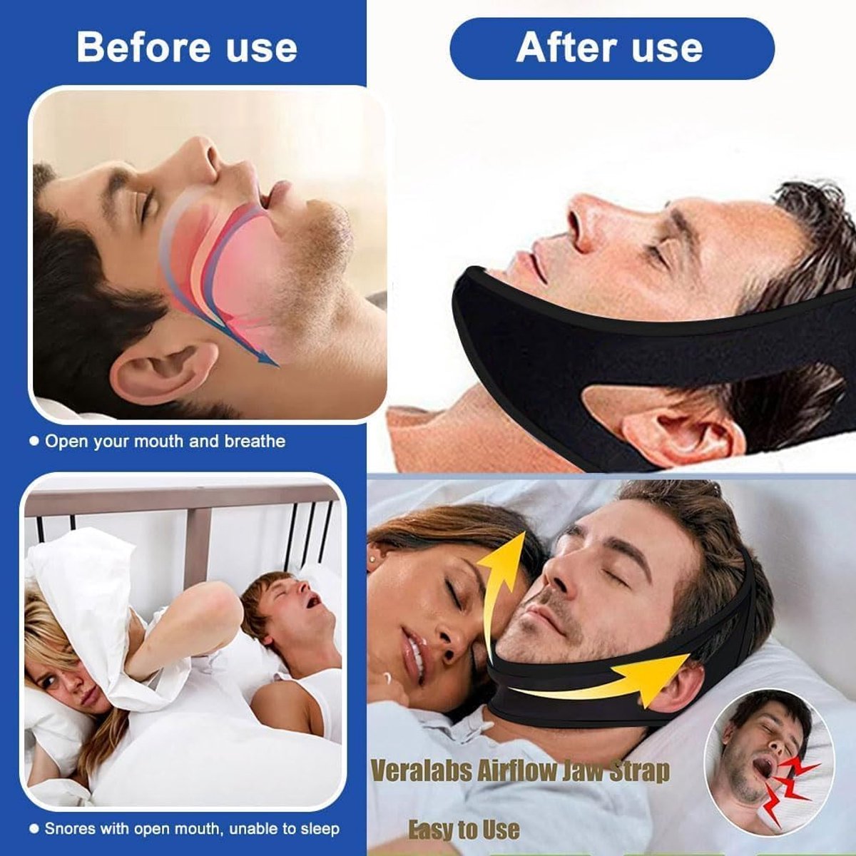 Set van 3 verstelbare neopreen kinbraces om snurken te verminderen, effectieve slaaphulp voor mannen en vrouwen, nachtaccessoires (zwart)