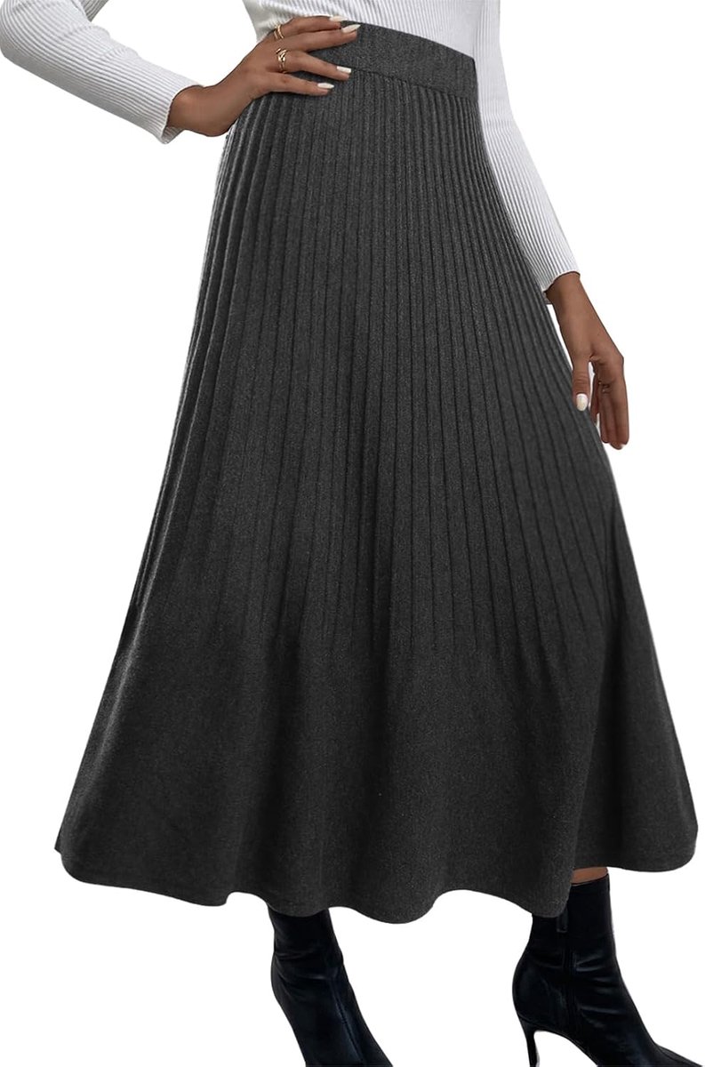 Lange rok voor dames, hoge taille, gebreide plooirok, A-lijn, winterrok, elastische tailleband
