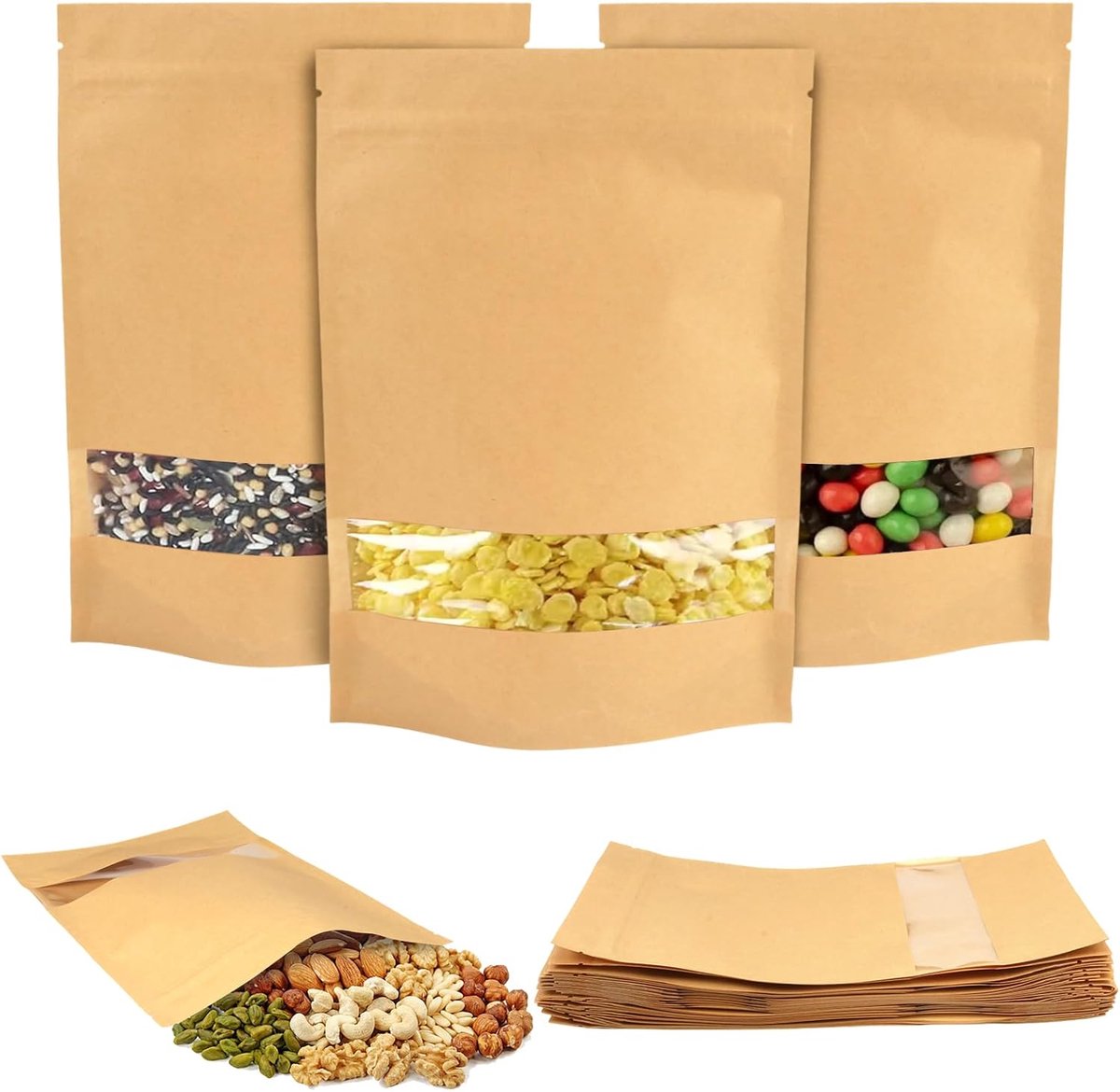 30 stuks papieren zakken met venster, 18 x 26 cm, herbruikbare koekjeszakjes, hitteverzegelbaar, kraftpapier zakken met venster voor het verpakken van noten, snoep, theebladeren en andere droge