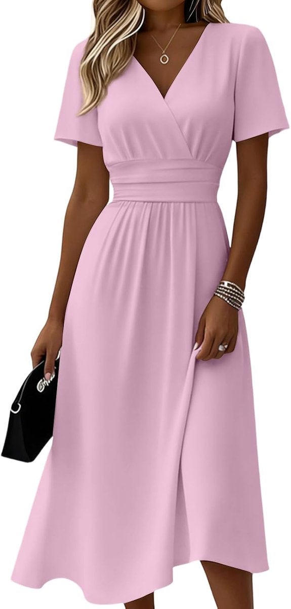 Kleider Damen Sommer Lang Tailliert Sommerkleid Damen Elegant Midi Kleid A Linie Festlich Curvy Sommerkleider Leicht Und Luftig Midikleid Frauen V Ausschnitt Kurzarm Strandkleid