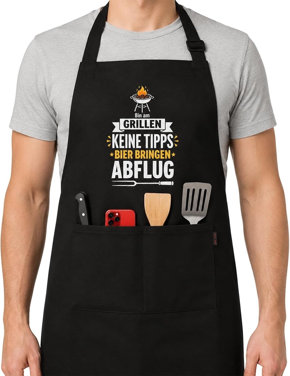 Grillschort voor mannen kookschort heren zwart BBQ-schort met verstelbare nekband en zakken, waterdicht voor papa man barbecue party keuken verjaardag -idee