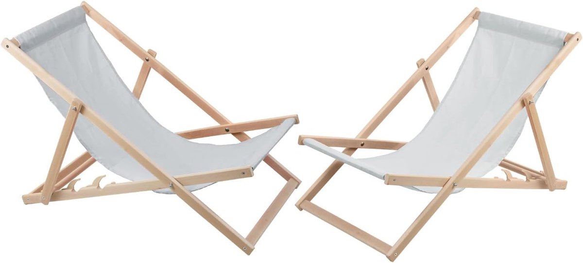 Set van 2 ligstoelen van beukenhout Strandstoel Ligstoel Tuinligstoel voor strand, tuin, balkon en terras Opvouwbaar tot 120 kg (Light gray)