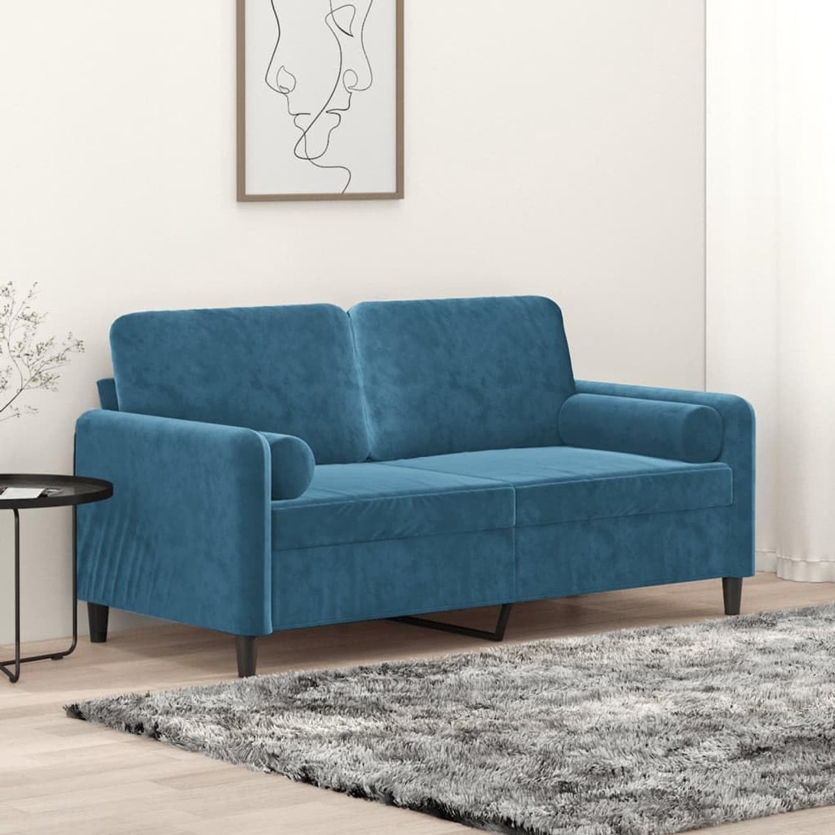 2-zitsbank met sierkussen in blauw, 140 cm breed, fluwelen overtrek, zacht velours bank met metalen frame voor stabiliteit, afneembare hoezen en dikke bekleding