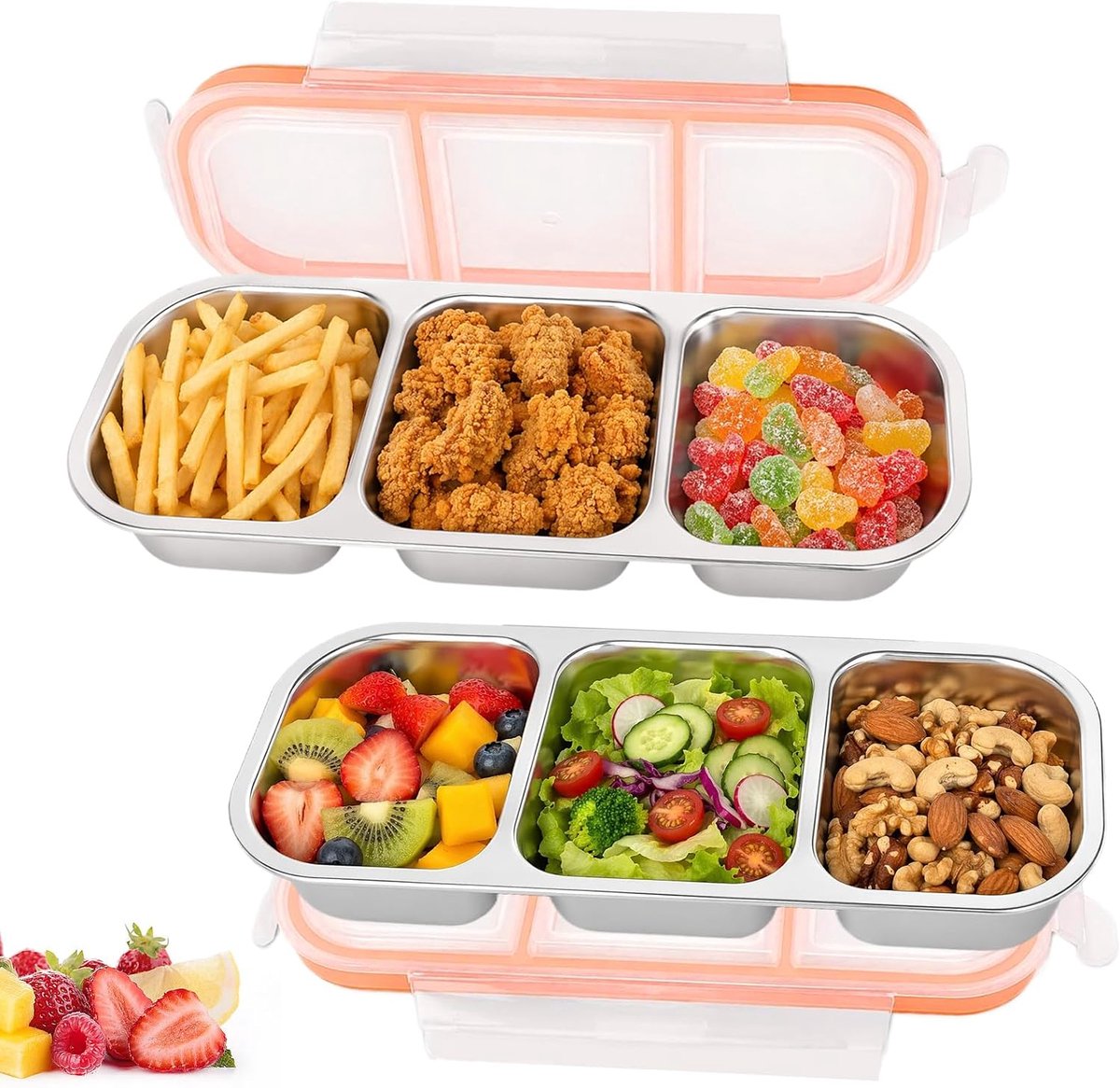 2 stuks snackbox met vakken, roestvrij staal, snackbox met 3 vakken, lekvrije broodtrommel met deksel, draagbare broodtrommel voor kinderen, maaltijdvoorbereiding, vaatwasmachinebestendig voor