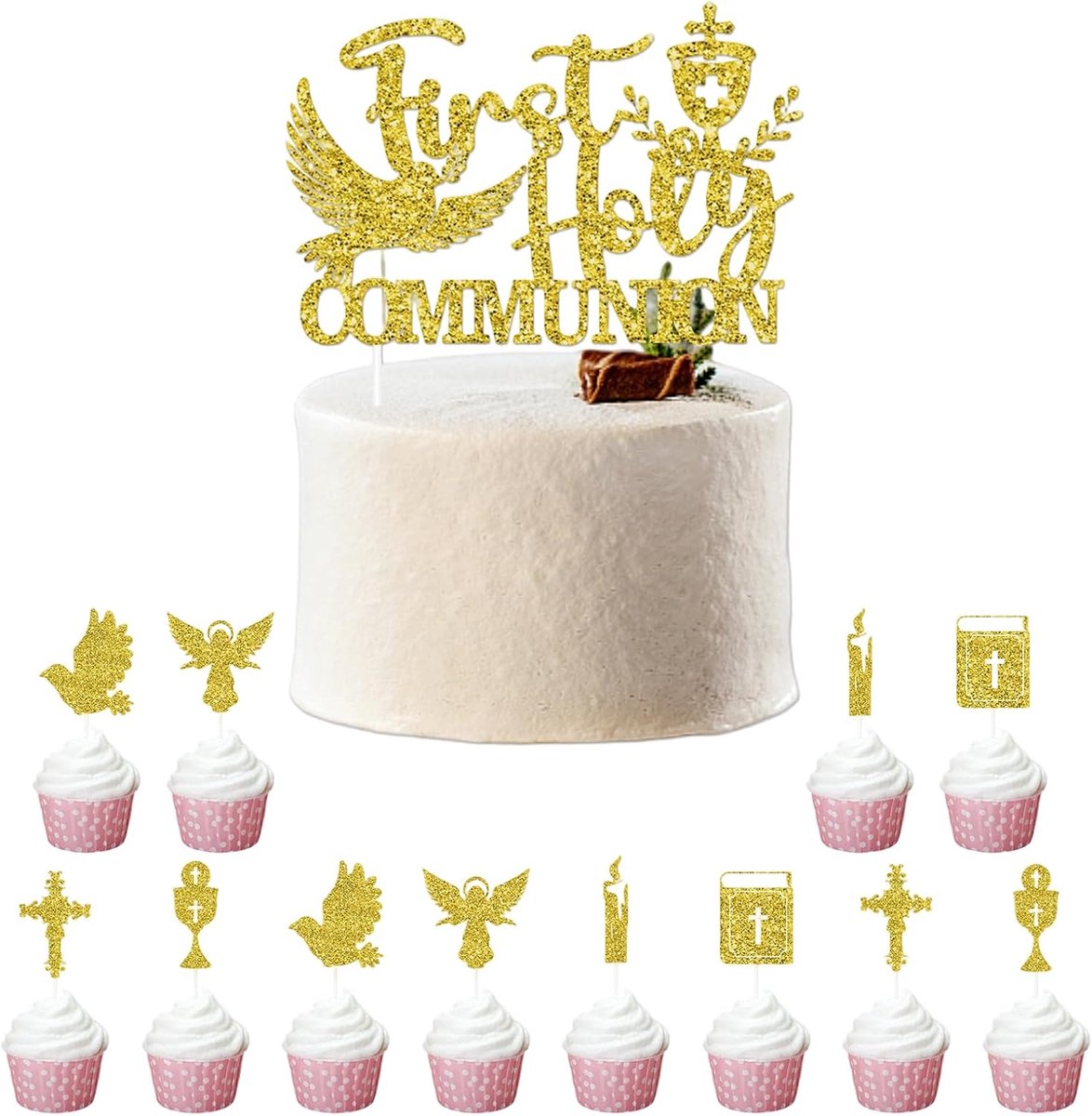 7 Stijlen Communie Taartdecoratie – 13 Stuks – Eerste Communie, Cupcake Picks en Gebakversiering – Glanzend, Duurzaam en Veilig voor Voedsel