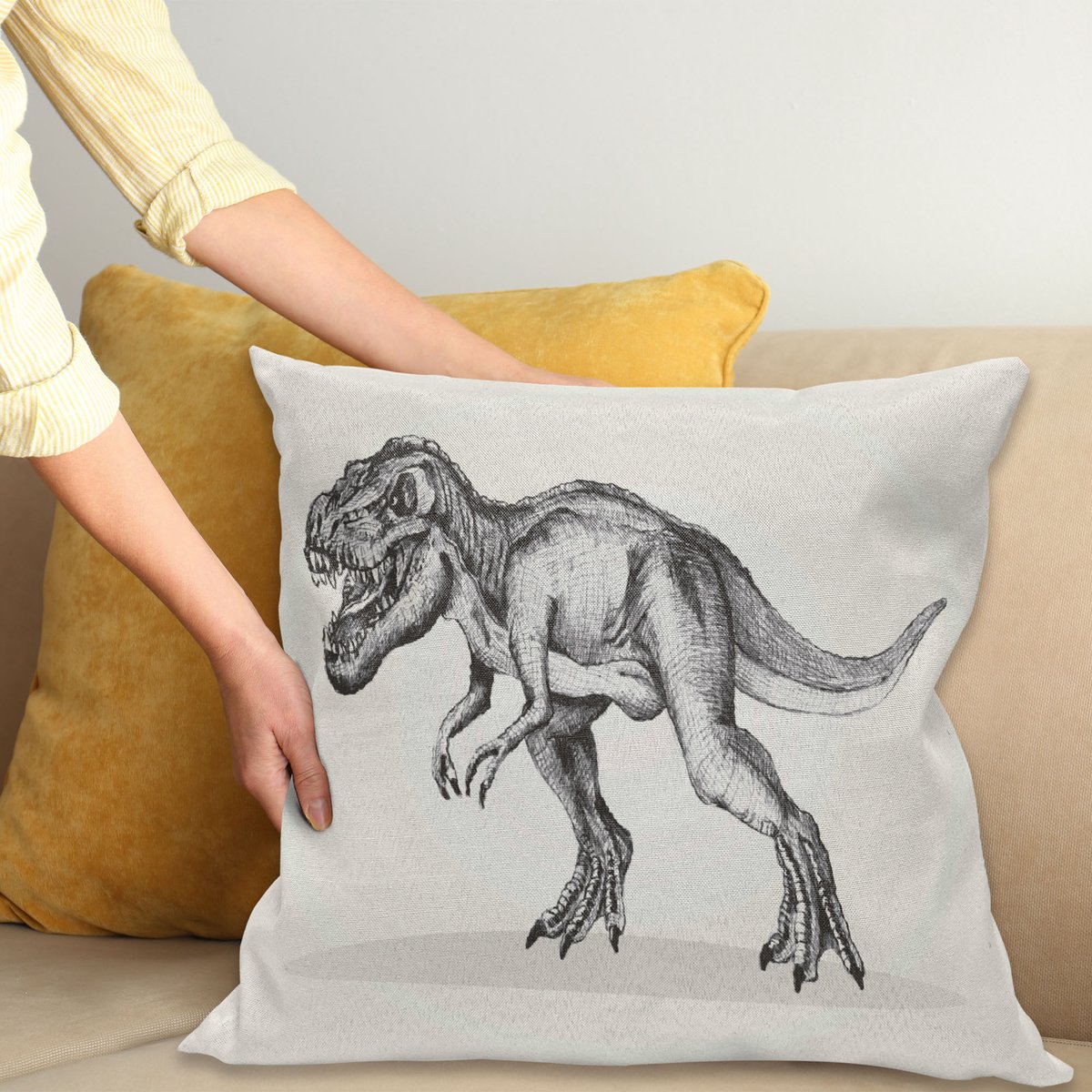 ABAKUHAUS Modern Sierkussenhoes, Dinosaur Schets Fossil Dier Prehistoric Giant Creature Jurassic Wild Illustratie, Decoratieve Vierkante Sierkussenhoes, 50 x 50 cm, Crème Grijs