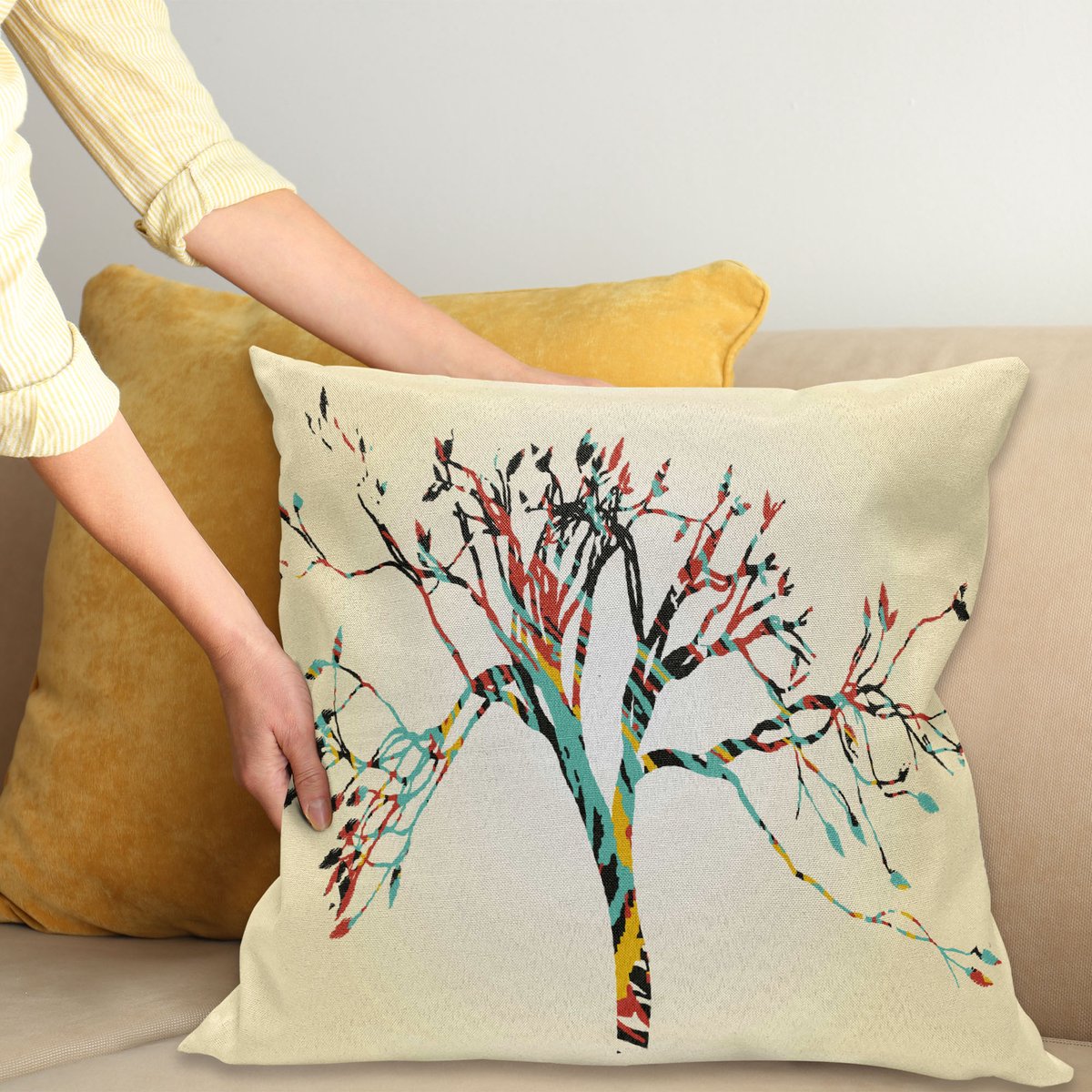 ABAKUHAUS Modern Sierkussenhoes, Retro Vintage Stijl Kleurrijk Ontwerp op Abstract Zwart Boom met Bladeren Buds Kunstwerk, Decoratieve Vierkante Sierkussenhoes, 90 x 90 cm, Meerkleurig