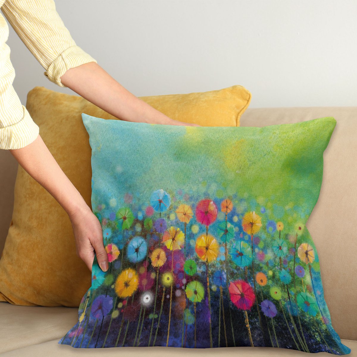 ABAKUHAUS Bloem Sierkussenhoes, Dandelions Featured in Tuin met Penseelstreken Watercolored Abstract Landschap Kunst, Decoratieve Vierkante Sierkussenhoes, 65 x 65 cm, Groen Geel