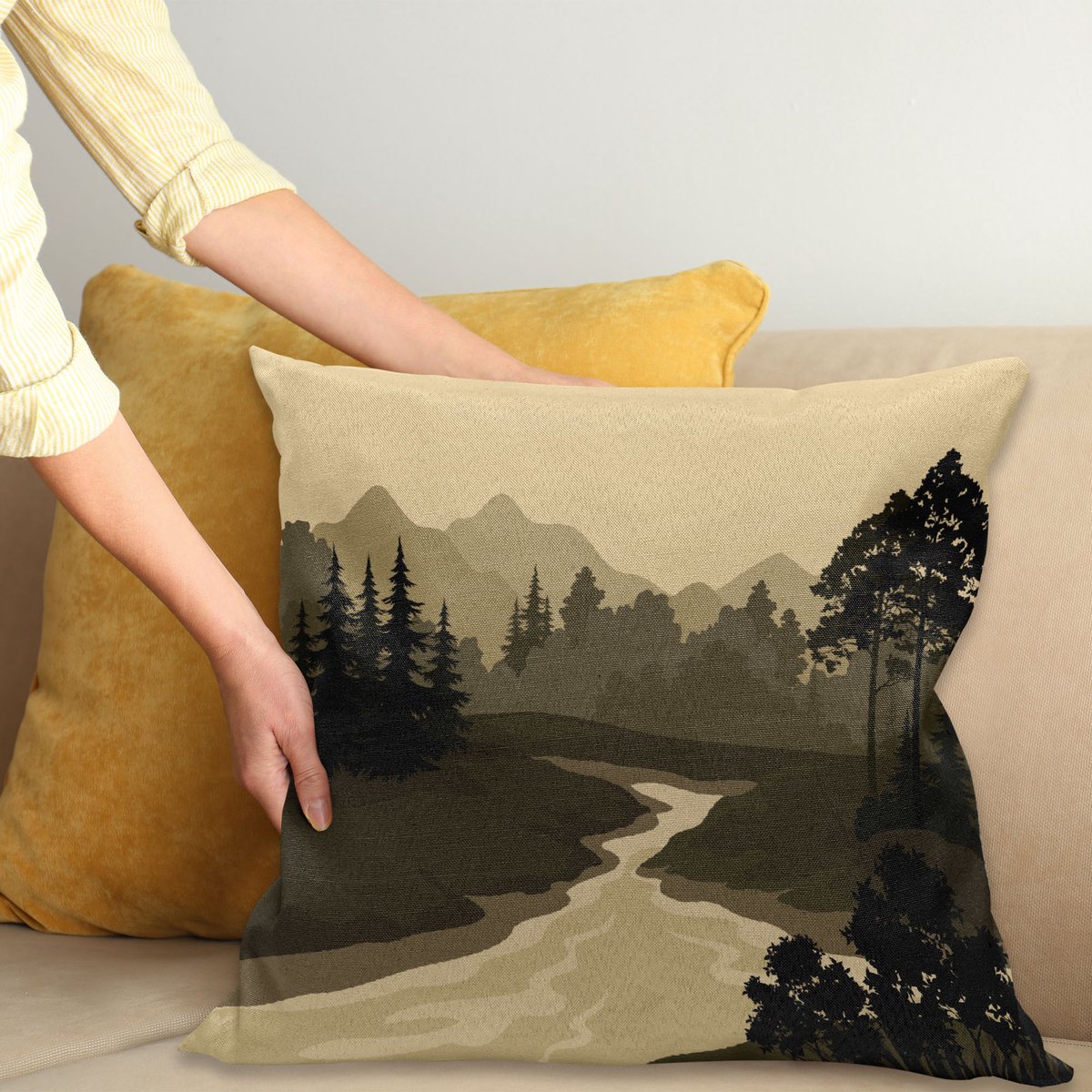 ABAKUHAUS River Sierkussenhoes, Natuur Thema de Silhouet van de Bergen Bomen en River Landschap Print, Decoratieve Vierkante Sierkussenhoes, 40 x 40 cm, Licht Bruin