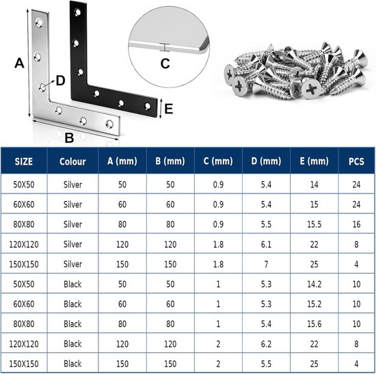 24 stks Hoek Brace 50x50mm Roestvrij Staal, met 96 Schroeven voor — afbeelding 2