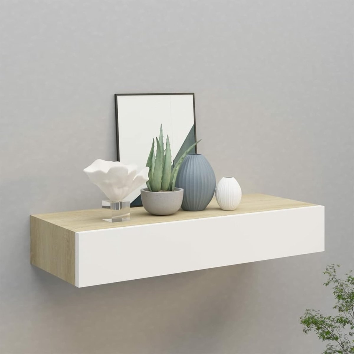 Zwevend rek met lade, 60 x 23,5 x 10 cm, MDF en metaal, capaciteit 10 kg, voor woonkamer, slaapkamer, keuken, eiken en wit