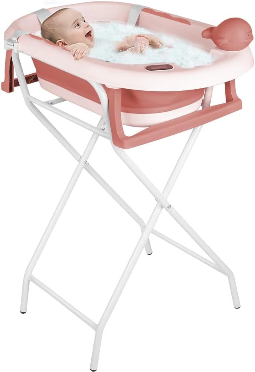 Babybad met standaard, ergonomisch babybad met standaard, compacte sluiting, organizer voor ouders, maximaal 10 kg, (stijl 5) 81,5 x 48 x 21 cm, roze