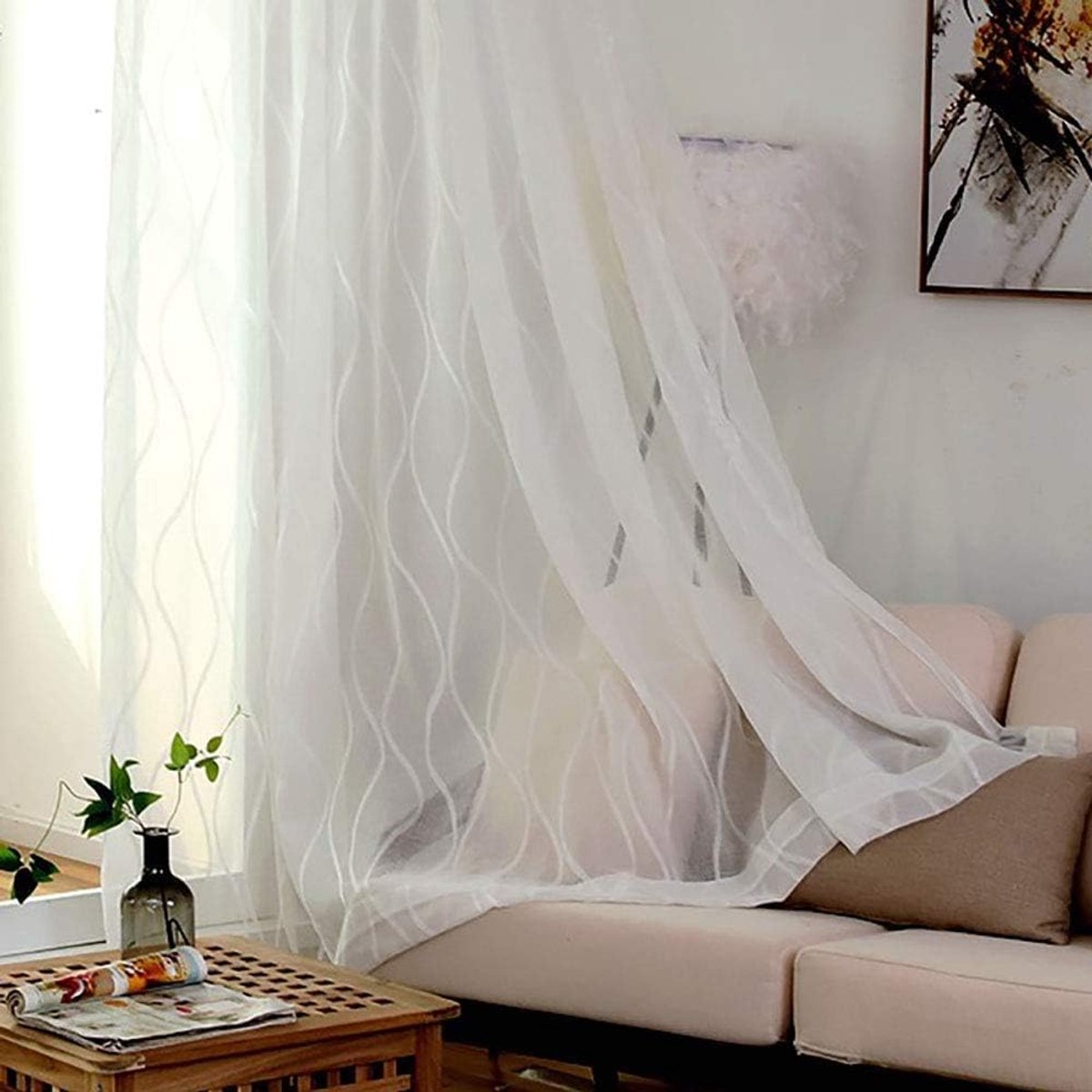 Geometrische patronen/semi-sheer/Voile/gordijnen/Voor/Woonkamer/balkon/panelen-Wit. 200x270cm (79x106inch)