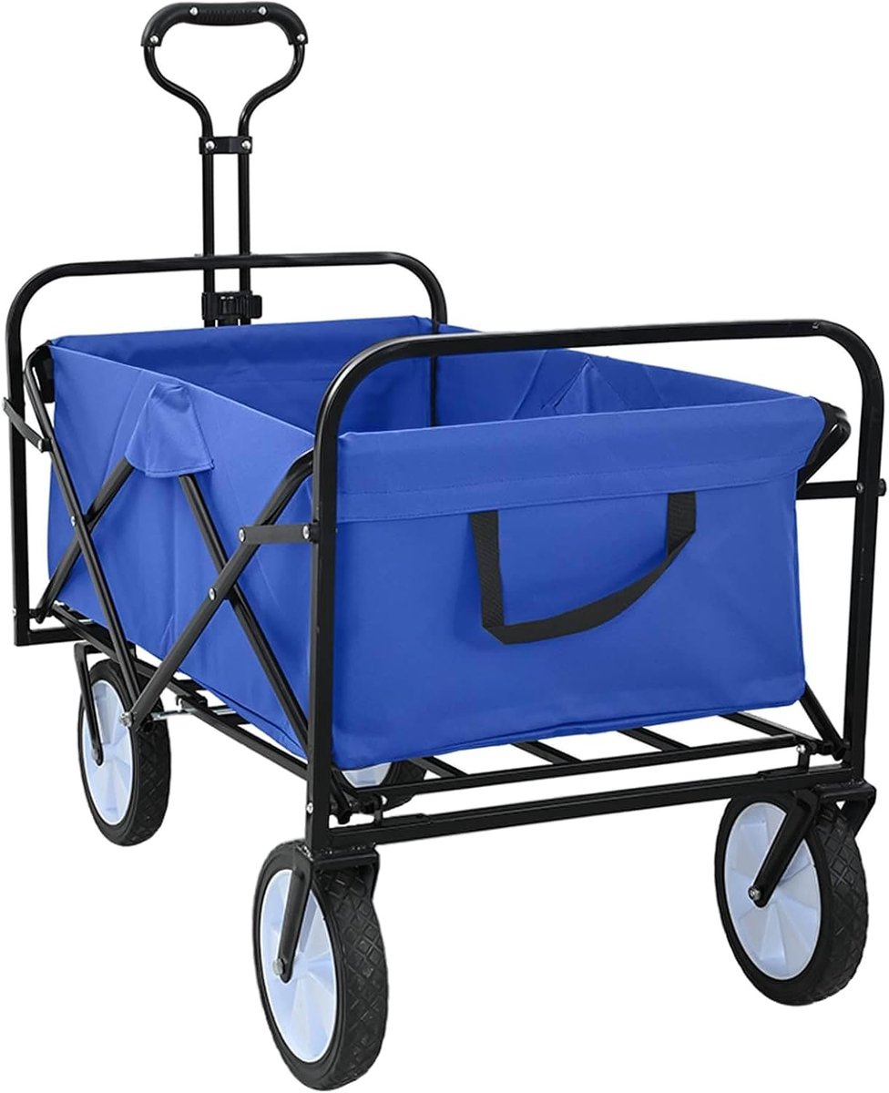 Bolderkar, blauw, opvouwbare handwagen met 200 kg draagkracht, tuinwagen met in hoogte verstelbare handgreep en brede wielen, transportwagen voor outdoor en camping