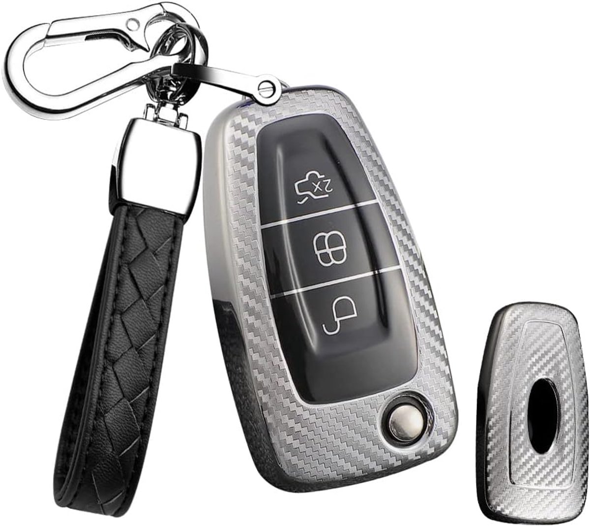 Autosleutelhoes past op Ford sleutelhoes siliconen bescherming cover voor Ford Fiesta Focus Kuga Mondeo koolstofvezelpatroon afdekking beschermhoes afstandsbediening flip sleutelbox zilver
