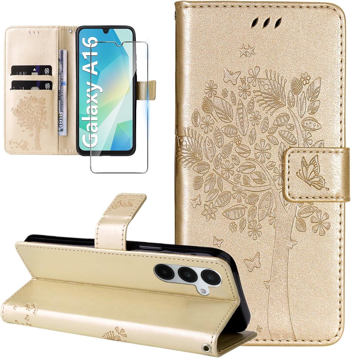 Beschermhoes voor Samsung Galaxy A16 4G/5G, beschermhoes van leer met gehard glas, motief met kaartsleuf, flip case, beschermhoes voor Samsung Galaxy A16 4G/5G, goud