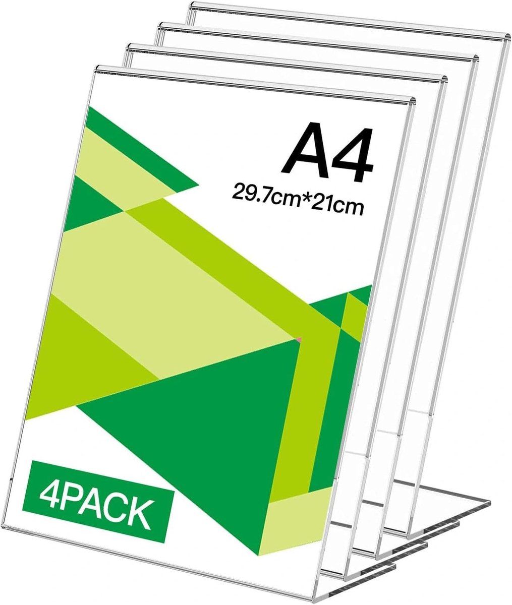 Set van 4 posterhouders, A4, schuin, tafelstandaard, menuhouder, transparant, acryl, voor restaurants, hotels (21 x 30 cm)