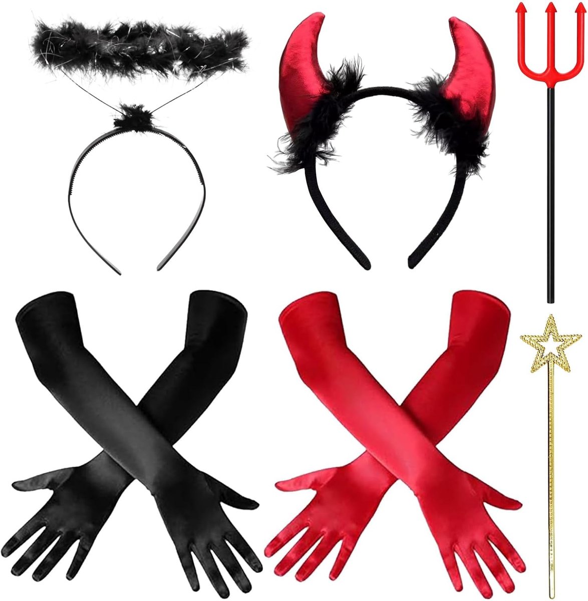 Duivelskostuum voor dames, met duivelshoorns, engelduivelskostuum, Halloween, carnaval, rode duivelshoorns, haarband, duivelshoorns, handschoenen, duivelkostuum, meisjes, Halloween, carnaval