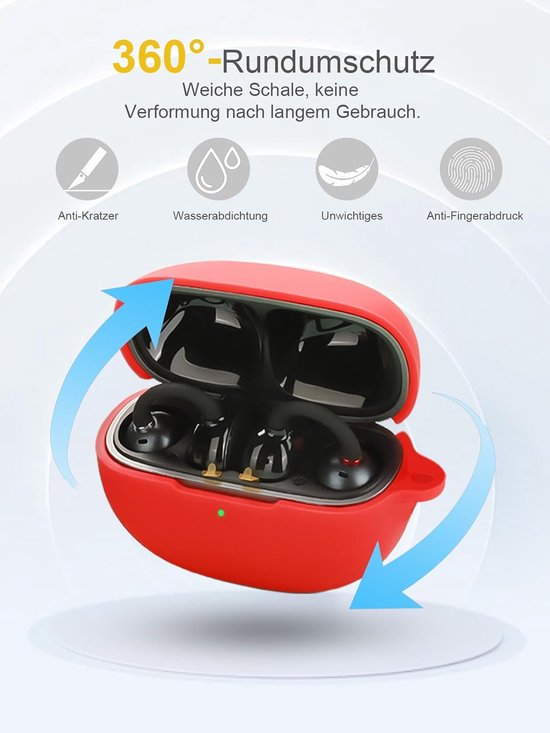 Voor EarFun Clip Wireless Headphones, daunke zachte siliconen beschermhoes, huidvriendelijke etui met karabijnhaak, volledige bescherming, rood — afbeelding 4
