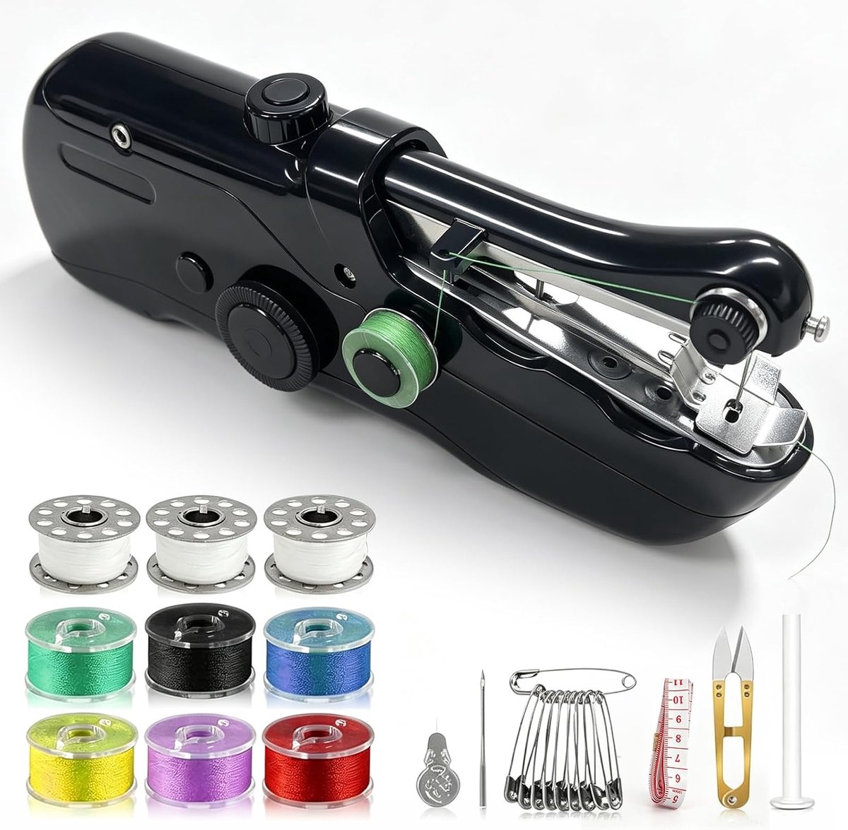 Mini-naaimachine, draagbare naaimachine voor beginners met starterset en naaiaccessoires, snel naaigereedschap voor stof, kleding, gordijnen, leer en doe-het-zelf handwerk, zwart