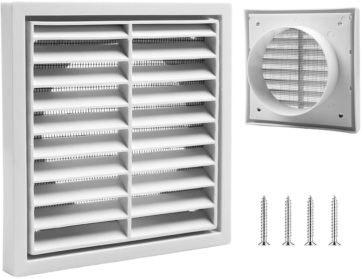 140 x 140 mm vierkant ventilatierooster, ABS afvoerrooster, witte ventilatieafdekking met insectenbescherming voor badkamer, garage, keuken, afzuigkap buiten, zolder, schuur