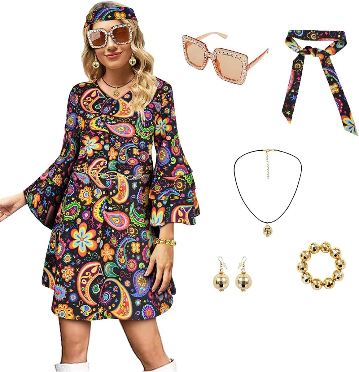 6 stuks hippiekleding voor dames met V-hals, jaren 60, 70, 80 outfit voor dames, retro hippiekostuum met accessoires zoals een bril, armband, haarband (zwart, S)